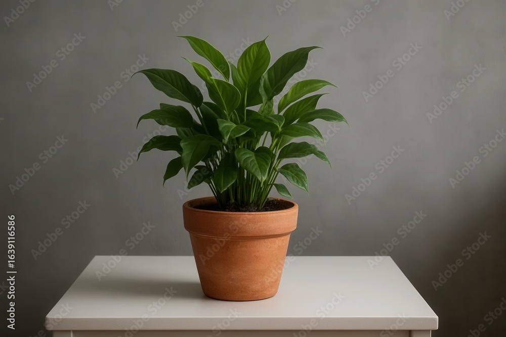 Fototapeta premium A lush green plant thrives in a rustic terracotta pot on a pristine white table, set against a subtly patterned gray backdrop