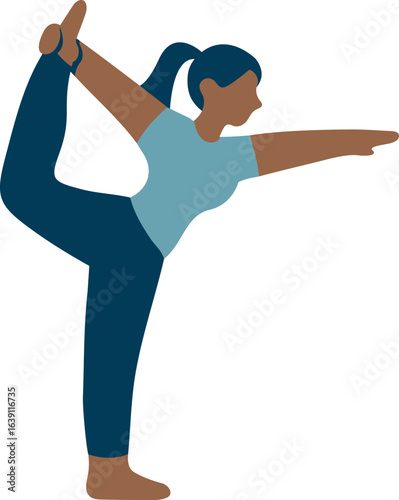 Minimal flat vector illustration of a woman performing Natarajasana, the Dancer Pose, symbolizing balance, discipline, and grace in yoga practice.