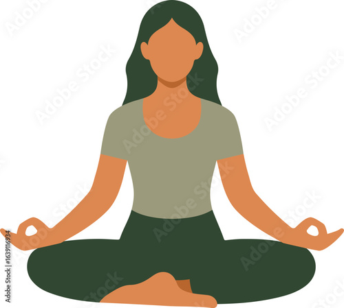 Minimal flat vector of a woman in easy pose, the Sukhasana, ideal for meditation, discipline, and spiritual retreat concepts.