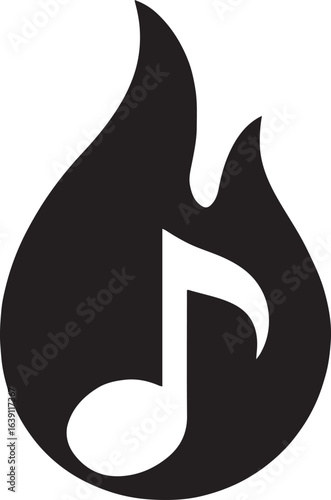 Silhouette of flame with music note, symbolizing hot music, passion, energy, and vibrant sound design.