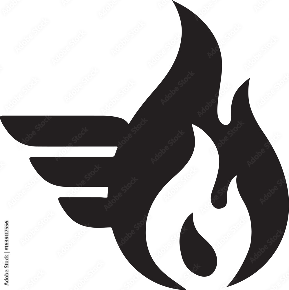 Obraz premium Silhouette of flame with wing design symbolizing speed, motion, racing, fast delivery, and rapid performance.