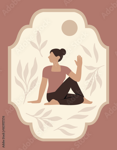 Flat vector of Ardha Matsyendrasana (Seated Spinal Twist) yoga pose in Indian arch frame, blending modern flat design with traditional wellness culture.