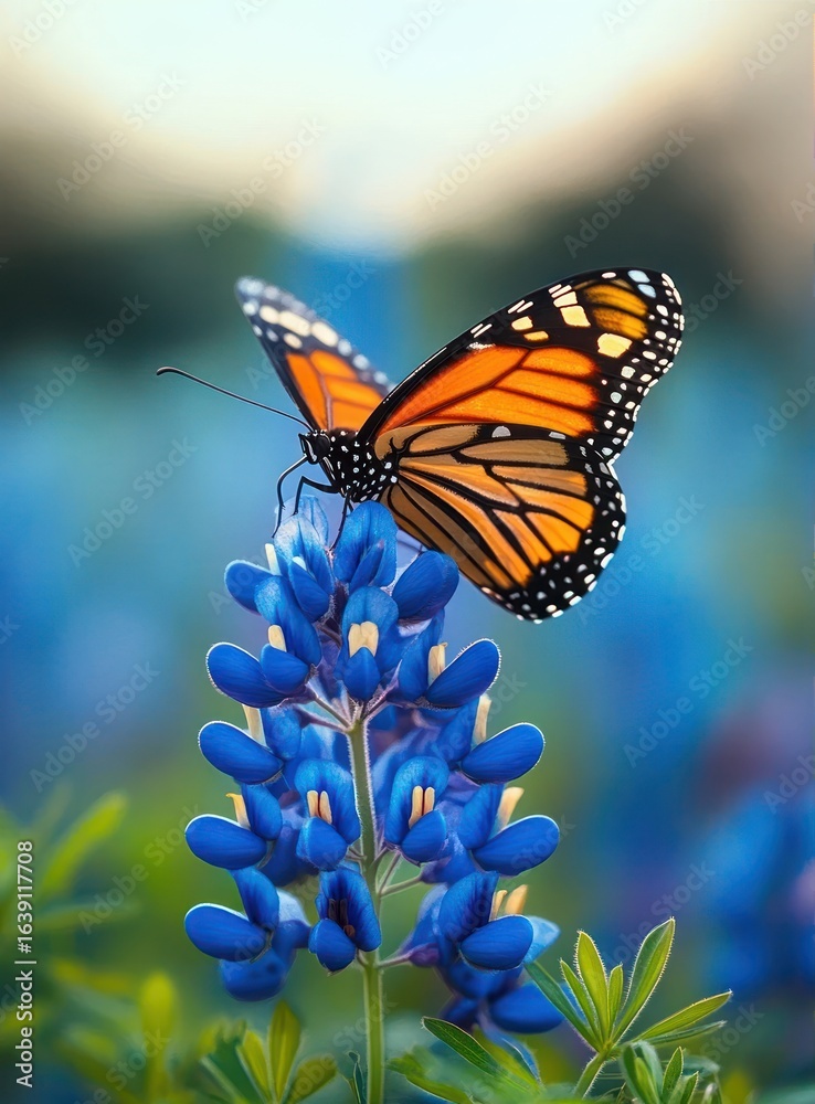 Fototapeta premium Vibrant orange and black butterfly perched delicately on a cluster of bright blue flowers with green foliage and a soft blurred background