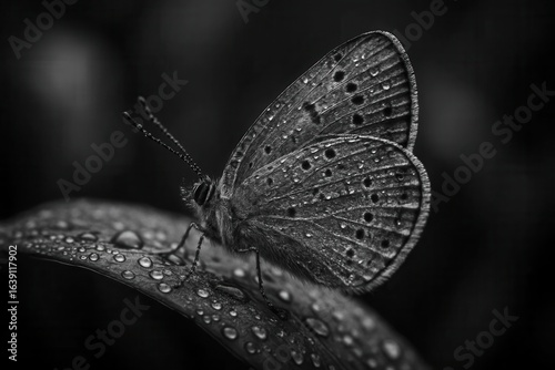 A Lone Butterfly Rests on a Water-Drenched Leaf in Monochrome Serenity