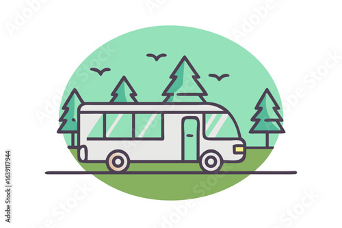 Camper van illustration in forest scenery