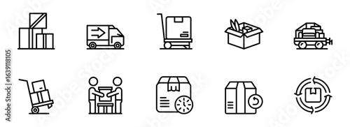 Modern Line Icons:  Shipping, Delivery, Logistics, and Package Handling;  Efficient Workflow and Supply Chain Management Illustrations.