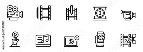 Modern Filmmaking Icons:  Clean Line Art Style, Video Editing, Production, and Playback Symbols for Digital Media Projects.