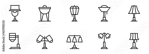 Collection of ten minimalist line art lamp icons; modern, simple, and elegant lighting design elements for web or print.