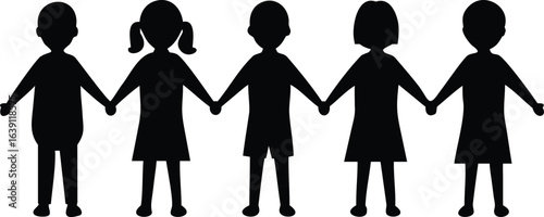 Black Silhouette of Five Children Holding Hands in a Row on White Background