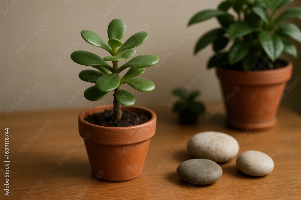 Fototapeta premium A serene scene of a succulent plant thriving in its own pot, accompanied by a collection of smooth stones that add to the calming ambiance