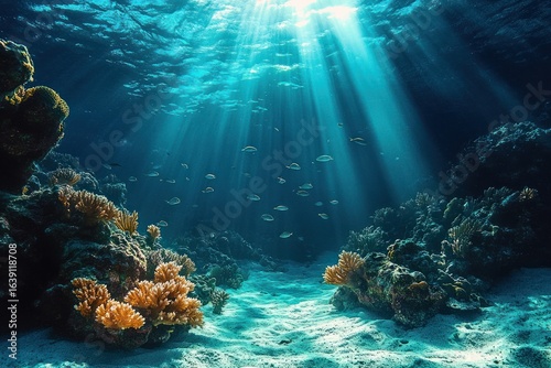 Fototapeta Naklejka Na Ścianę i Meble -  Underwater scene with sunlight rays penetrating clear water illuminating coral reefs and small fish swimming peacefully