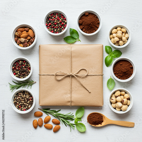 Wallpaper Mural Rustic Gift Box Surrounded by Assorted Spices Nuts and Herbs on a White Wooden Surface Overhead Shot Torontodigital.ca