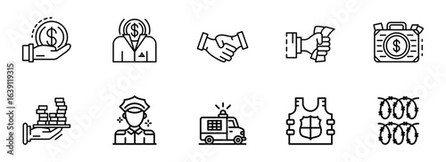 Line art icons:  finance, law enforcement, security, and bribery;  black and white;  serious, professional style.