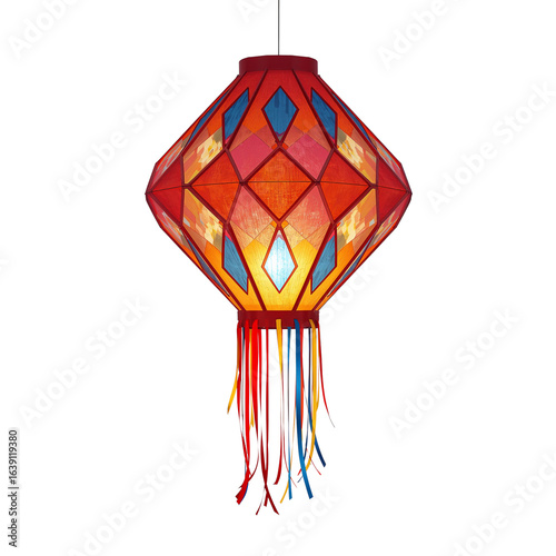 Radiant geometric lantern casting a warm festive glow with intricate diamond facets suspended in air