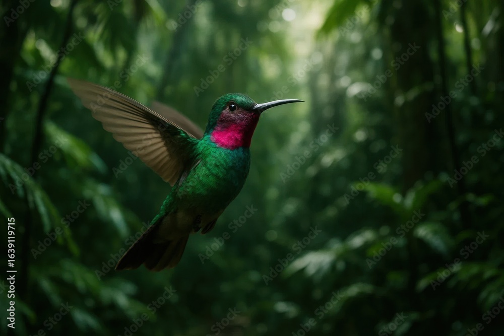 Obraz premium A vibrant green hummingbird with pink accents gracefully soars through a lush forest, its wings spread wide in mid-flight