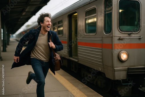 A man in a hurry runs towards an arriving subway car at a bustling station