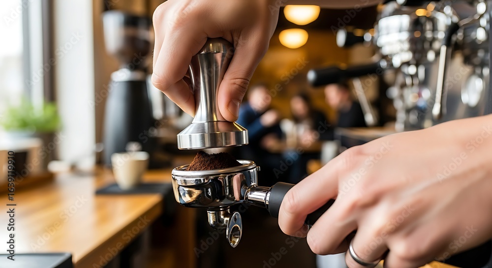 Naklejka premium Barista tamping espresso grounds in a coffee shop