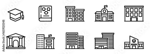 Modern Minimalist Line Icons: Education, Business, and Institutional Buildings; Simple, Clean, and Professional Vector Graphics for Website or App Design.