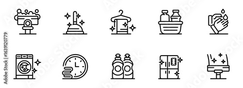 Cleanliness icons:  A modern, minimalist black and white illustration set depicting household cleaning, laundry, and hygiene, perfect for websites, apps, and infographics.