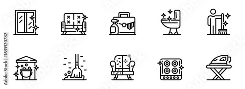 Clean home icons: sparkling line art illustrations of cleaning supplies, furniture, and household items, depicting a fresh and hygienic atmosphere.