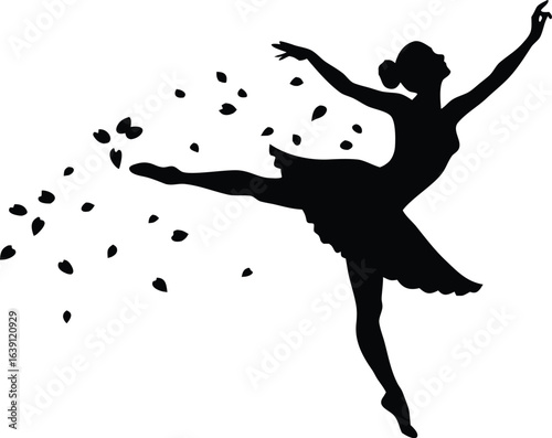 Elegant Ballerina Silhouette with Floating Petals in Black and White Illustration