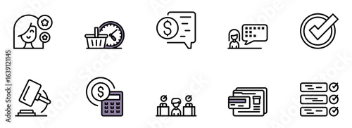 Modern Line Icons:  E-commerce, Finance, Customer Satisfaction, Time Management, and Checklist Symbols for Business and Website Design.