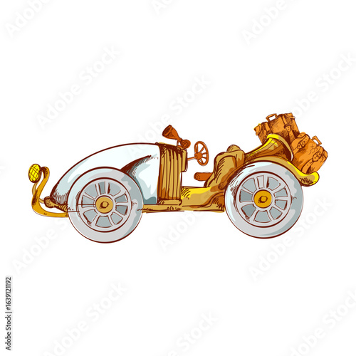 Vintage automobile illustration, classic roadster with luggage