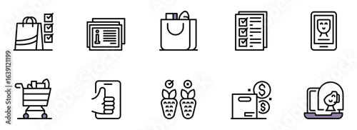 Modern Line Icons: Shopping, Checklist, Finance, and Customer Satisfaction,  Positive Branding,  E-commerce,  Mobile App,  User Experience Design Elements.