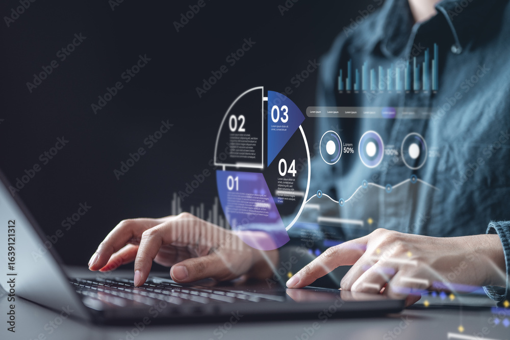 Naklejka premium KPI data analytics concept, Key performance indicator analysis system. Information technology digital software management. Visualization tech solution. Business artificial intelligence. AI dashboard.