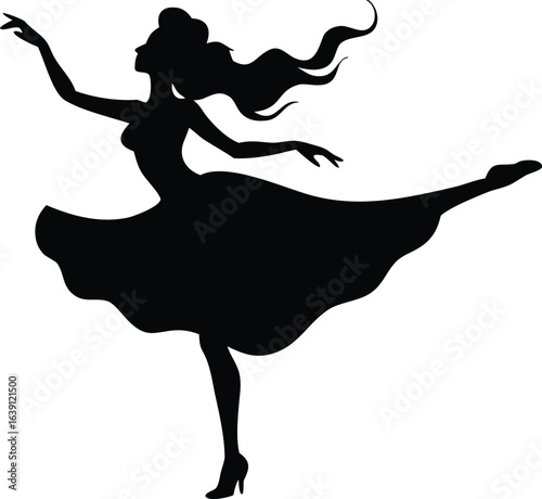 Elegant Silhouette of a Ballerina Dancing in Heels with Flowing Hair and Dress