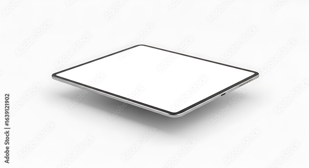 A modern tablet computer with a blank white screen, floating at an angle over a white background. A modern tablet computer with a blank white screen, floating at an angle over a white background.