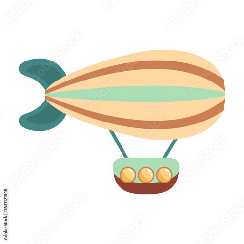 A colorful vintage-style blimp airship with a striped design.