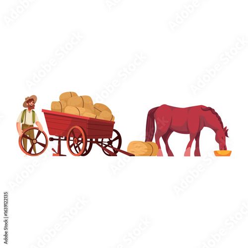 Rural farm life scene with a farmer, horse, and hay wagon.