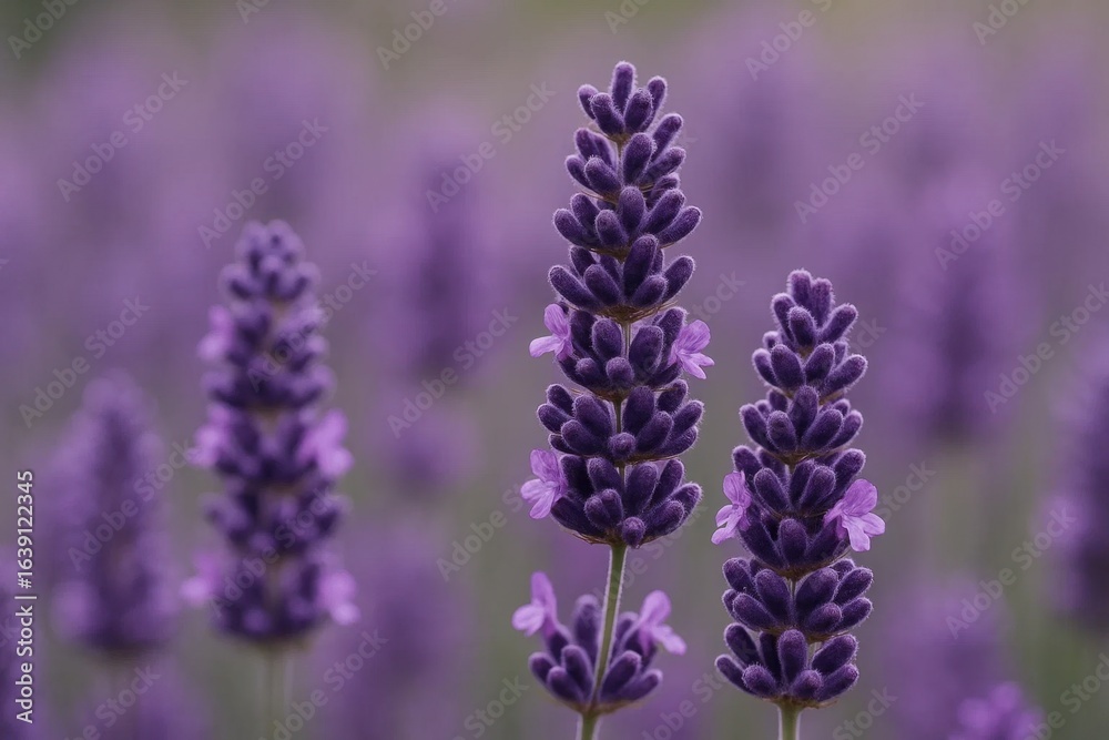 Naklejka premium A serene field of lavender blooms in a soft purple hue, with delicate buds poised on slender stems, creating an enchanting tapestry of nature's artistry
