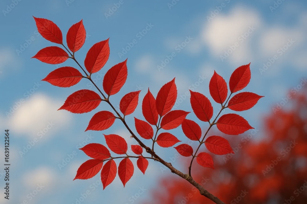 Fototapeta premium A vibrant red branch against a serene blue sky dotted with fluffy white clouds