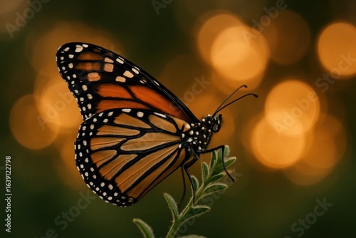Amidst a soft blur of orange lights, a monarch butterfly rests on a green stem, its wings spread wide in quiet contemplation
