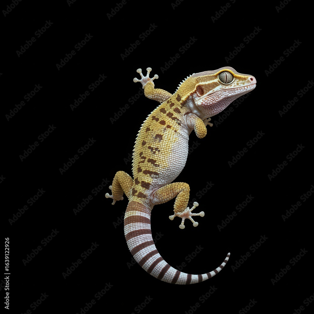 Naklejka premium Colorful gecko climbing a dark surface indoors