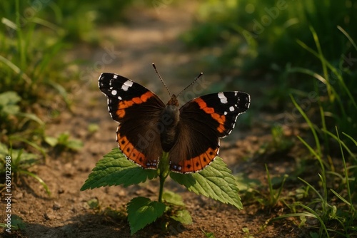 Amidst the verdant embrace of nature, a vibrant butterfly rests on a leafy stem, its wings spread wide in a moment of tranquility