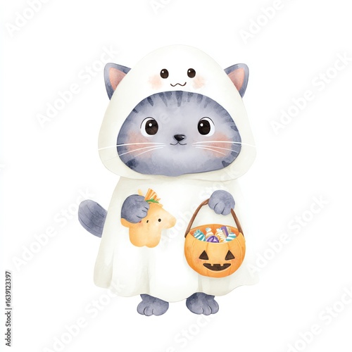 Adorable Gray Kitten in Ghost Costume, Carrying a Pumpkin Candy Bucket for Halloween Treats