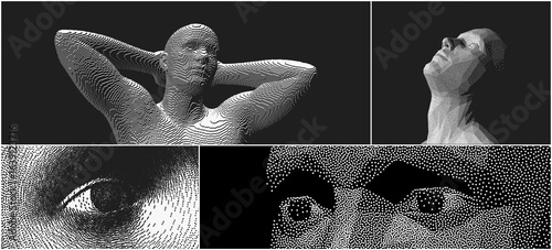 Eye. Close-up portrait of a man looking up. Digital vision. Human face. Stipple effect. Voxel art. Security technology. The guy put his hands behind his head, he was pleased with the work done. Vector
