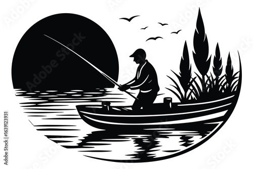 Silhouette Fisherman in Boat at Sunset Lake with Birds and Tall Grasses Art
