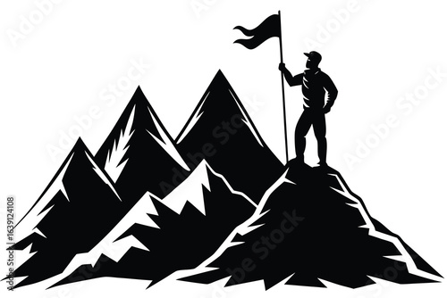 Silhouette Illustration Man Holding Flag Atop Mountain Peak With Jagged Outlines And Success Symbolism