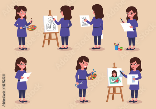 A collection of illustrations depicting a woman engaged in various artistic activities, painting and drawing.