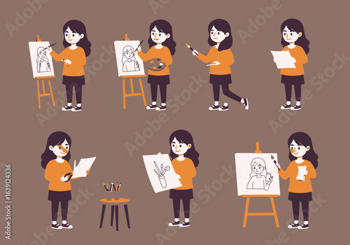 A collection of a young woman artist in different poses, painting on an easel, sketching, and holding art supplies.