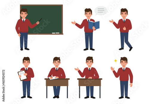 A cartoon male teacher character set in various poses, including pointing at a chalkboard, reading a book, and writing at a desk.