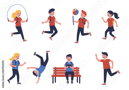 A collection of happy children playing outside, jumping rope, running, doing cartwheels, and reading.