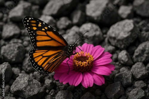 Amidst the monochrome canvas of life, a vibrant monarch butterfly rests on a pink zinnia, symbolizing hope and beauty amidst starkness