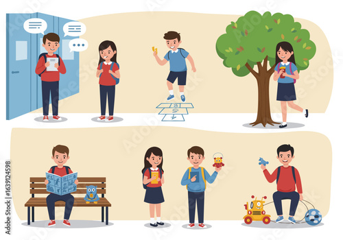 Children engaging in various school and leisure activities, including studying, playing games, and relaxing outdoors.