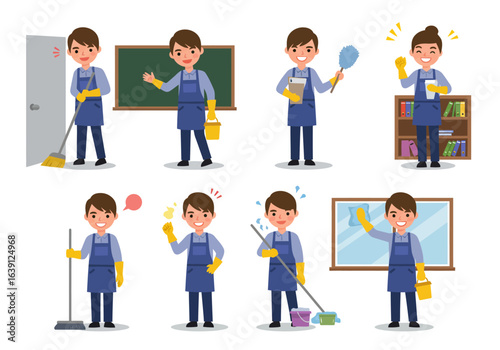 A collection of cartoon illustrations of a male janitor in uniform performing various cleaning tasks like sweeping, mopping, and dusting.