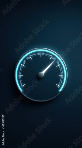 A sleek speedometer gauge with a glowing blue outline, indicating a dynamic measurement on a dark background.